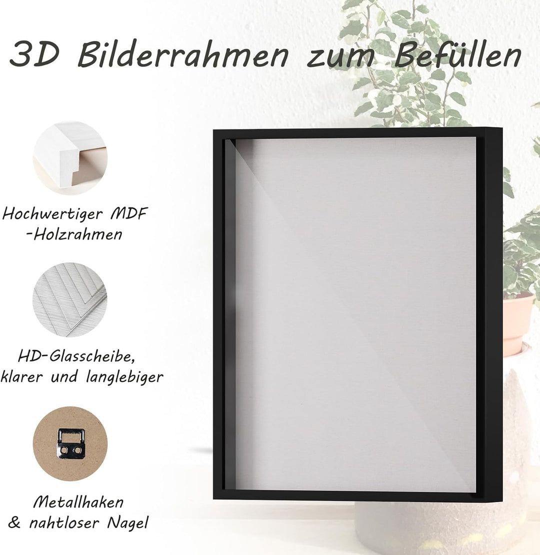 Muzilife 3D Bilderrahmen zum Befüllen Schwarz 40x50 cm, Holz Rahmen Objektrahmen Shadow Box mit Glas