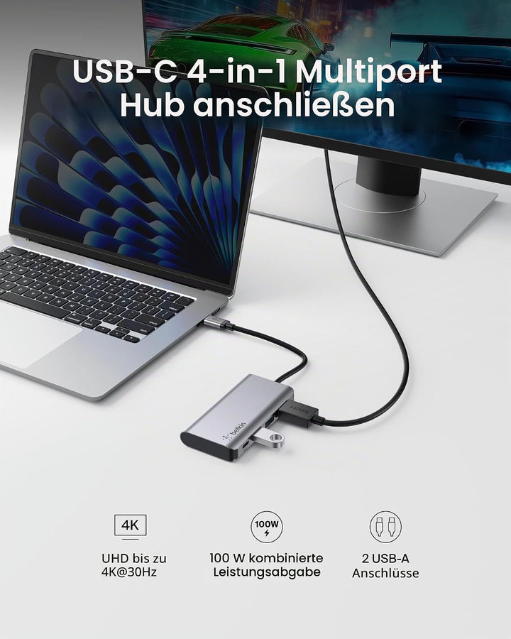 Belkin USB-C-4-in-1-MultiPort-Adapter (mit 4K-HDMI, USB-C, 100 W PD zum Laden per „Passthrough“, 2 U