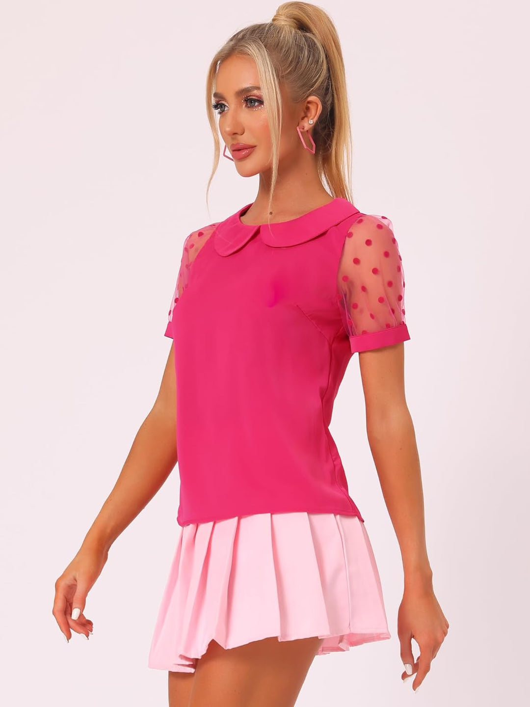 Allegra K Damen Vintage Oberteile Bubikragen Mesh Kurzarm Puffärmel Polka Punkte Bluse S Rot, S Rot