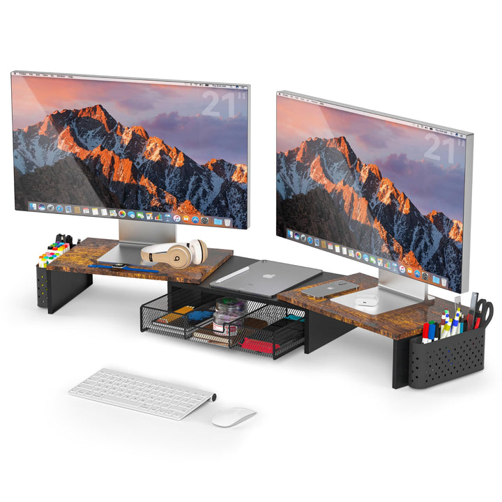 MOWETOO Dual Monitorständer Holz,Monitor Stand mit Schublade &amp; 2 Stifthaltern, Längenverstellbar &amp; D
