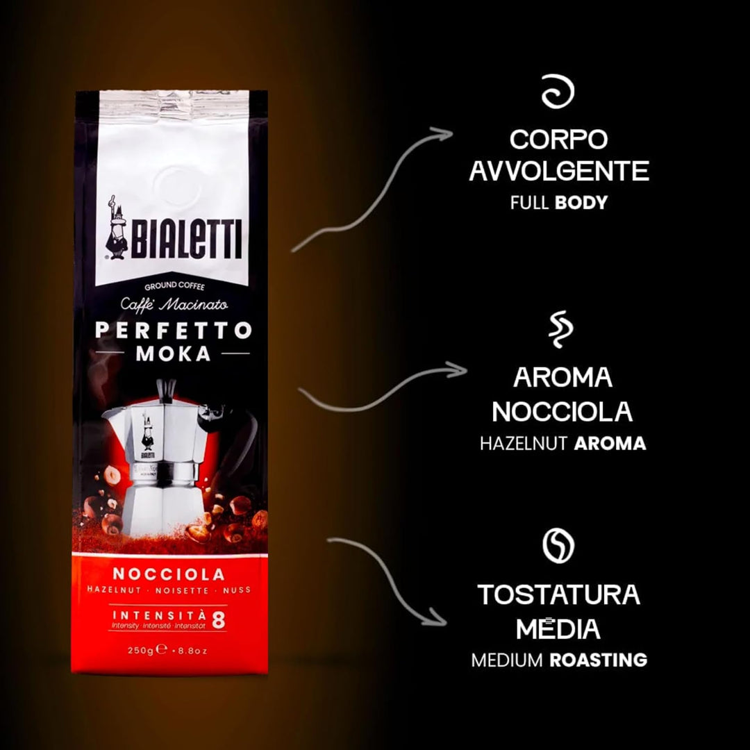 Bialetti - Perfetto Moka Nocciola: Gemahlener Kaffee mit mittlerer Röstung, Haselnuss-Aroma, 250g x