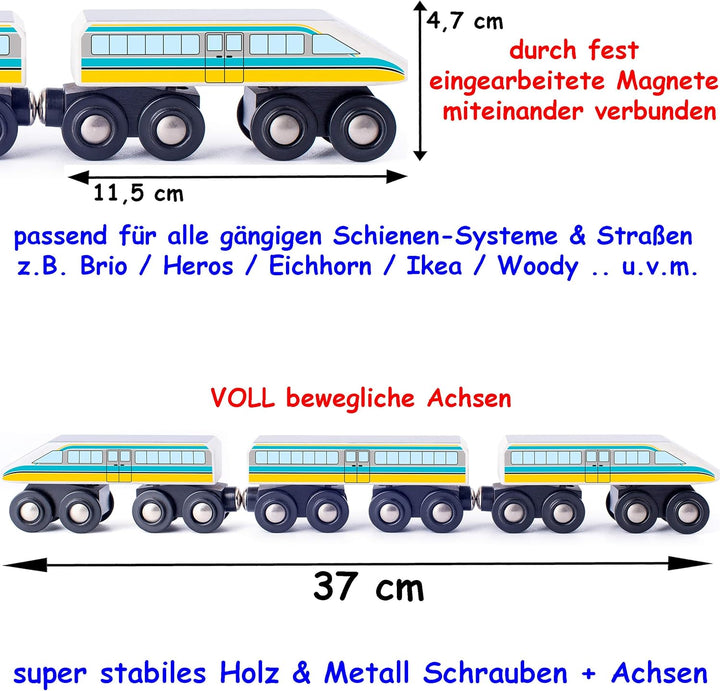 Holz Eisenbahn Modellwahl Schnellzug - 3 Teile - mit beweglichen Achsen - passend für alle Schienen-