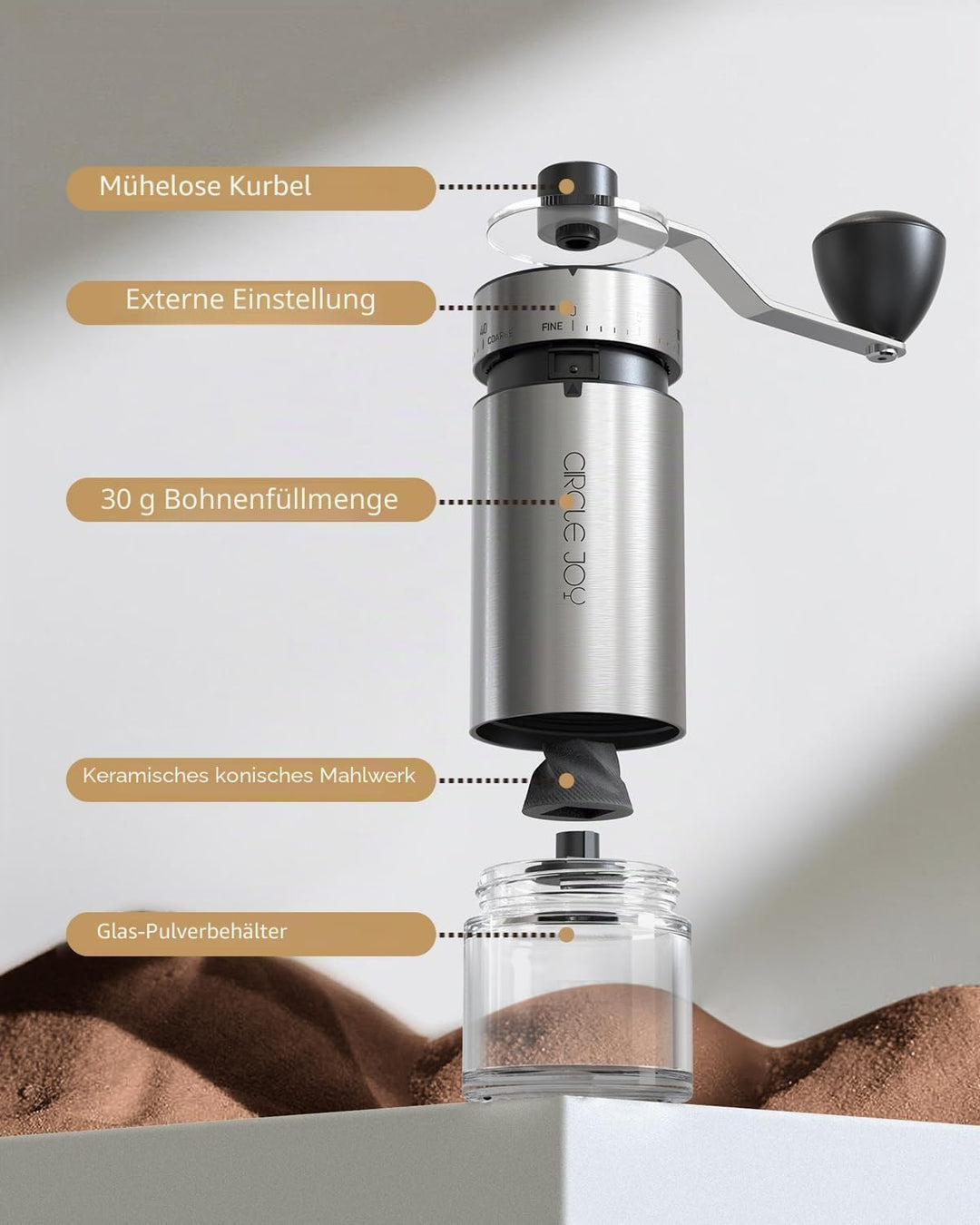 CIRCLE JOY Tragbare Manuelle Kaffeemühle mit keramischem Konischem Frässtift und 40 Externen Einstel