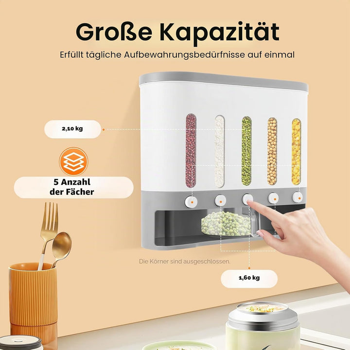 5 Gitter 10L Müslispender, Kitchen Vorratsdosen, Wand-Montiert Getreidespender, Vorratsbehälter, Leb