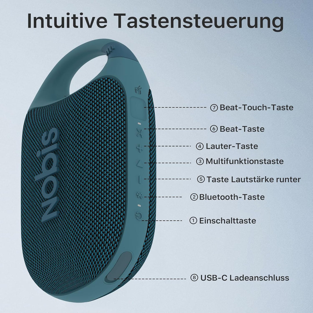 NOBIS Clip N1 Tragbarer Bluetooth Lautsprecher mit App, Beat-Modus, bis zu 24 Stunden Spielzeit, IP6