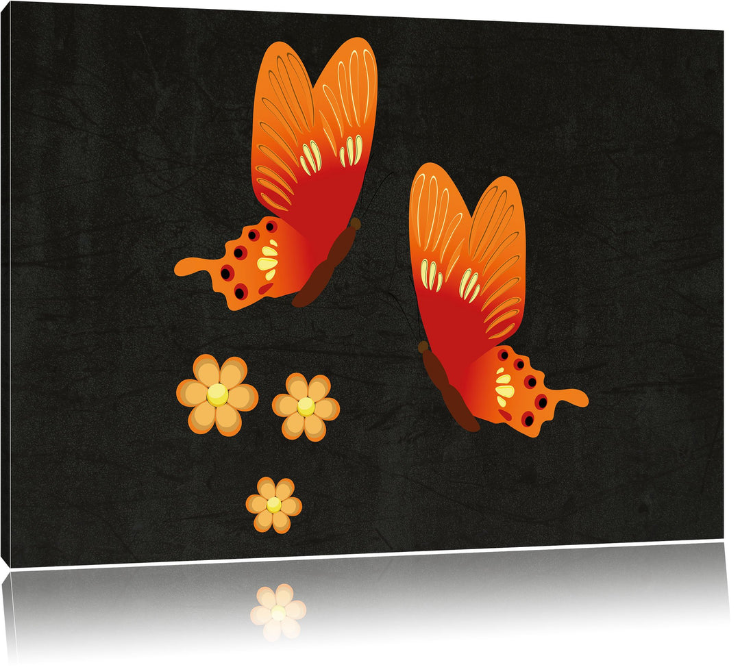 Pixxprint prachtvolle Schmetterlinge mit Blumen schwarz, Format: 100x70 auf Leinwand, XXL riesige Bi