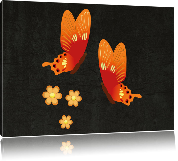 Pixxprint prachtvolle Schmetterlinge mit Blumen schwarz, Format: 100x70 auf Leinwand, XXL riesige Bi