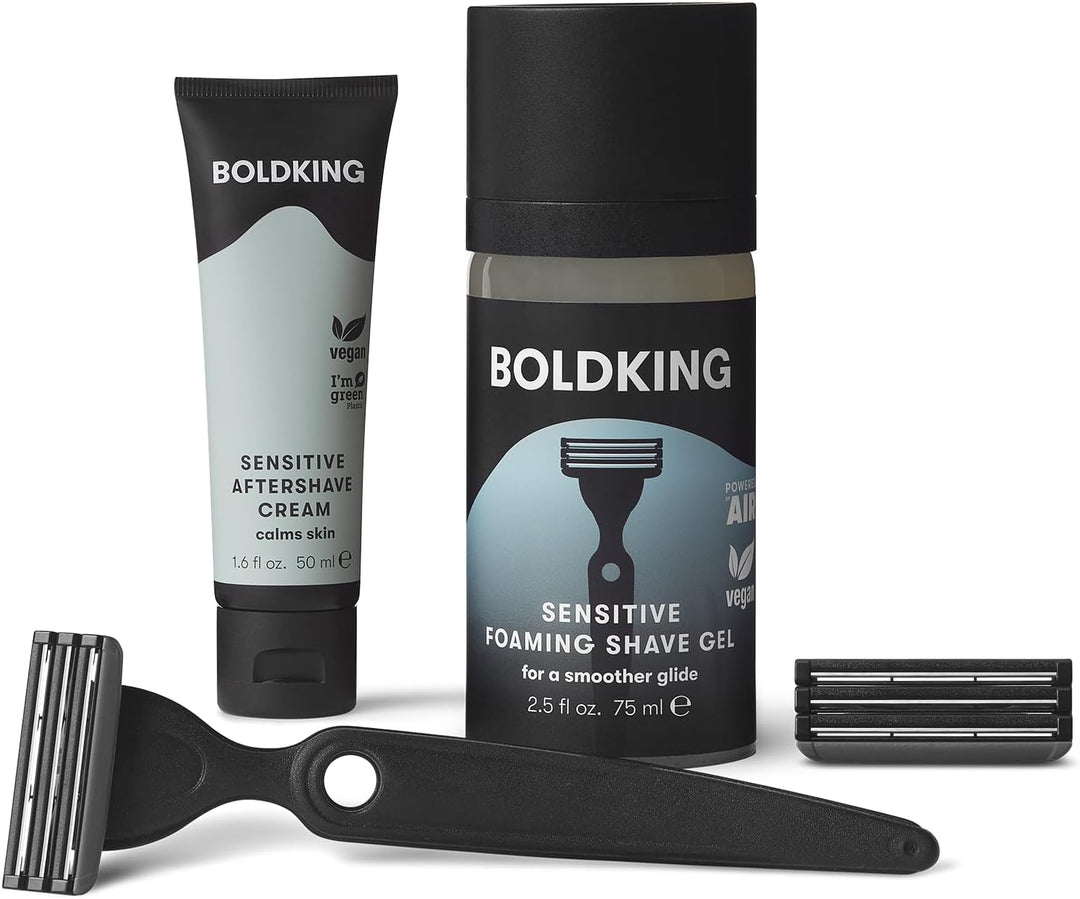 Boldking Bartpflege Set für Männer Sensitiv - Rasierset mit Nassrasierer, 2 Stück Rasierklingen, Ras