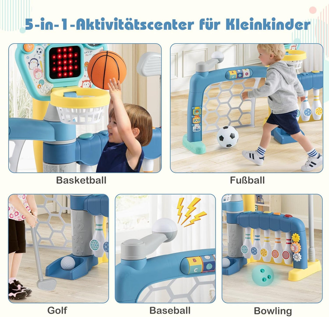 COSTWAY Kinder Basketballkorb, 5-in-1 Basketballständer mit Fussballtor, Golf, Bowling & Baseball, S
