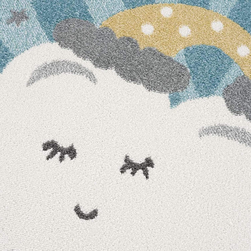 payé Teppich Rund Kinderzimmer - Blau - 160x160cm - Wolken, Mond und Sterne - Spielteppich Kurzflor