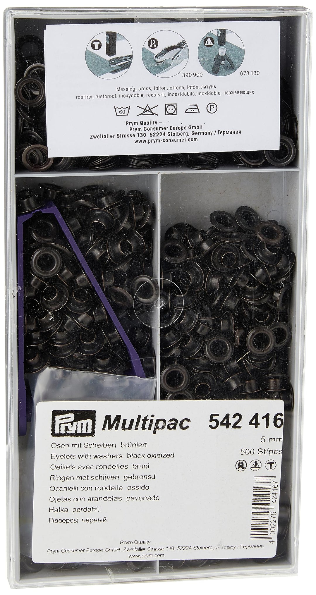 Prym 1 542416 Ösen und Scheiben MS 5,0 mm, Brass, schwarz, 5 mm Innen Ø, brüniert, 500 Stück