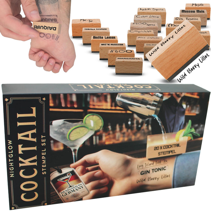 NIGHTGLOW Barkeeper Stempel Set | Cocktail-Bar Deko Cocktail Zubehör - 20 einzigartige Stempel Bar Z