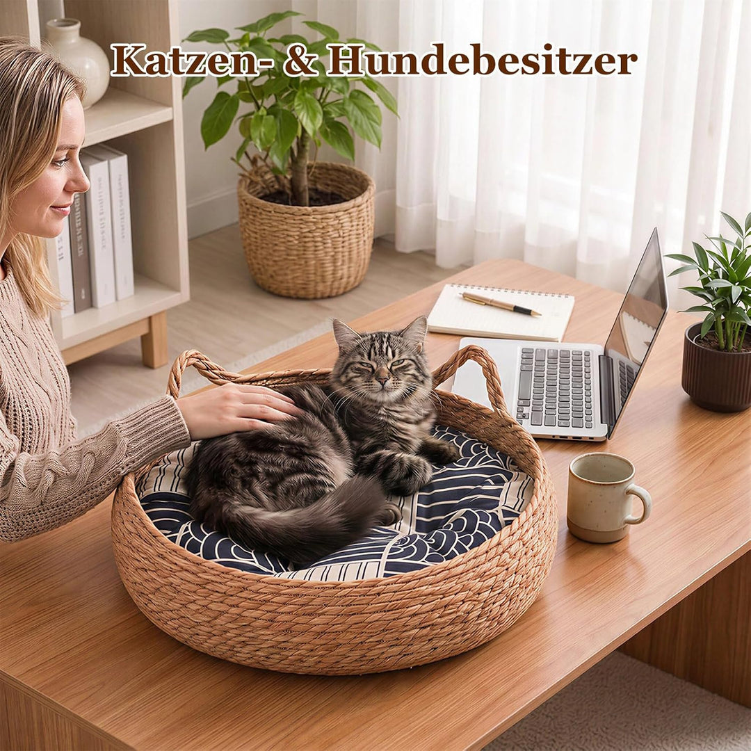 Katzenkorb Geflochten, Ø42cm Katzenbett mit Wendbarem Kissen &amp; Kühlmatte, Waschbares Haustierbett fü