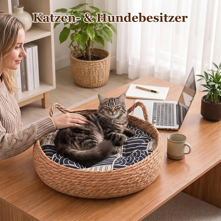 Katzenkorb Geflochten, Ø42cm Katzenbett mit Wendbarem Kissen &amp; Kühlmatte, Waschbares Haustierbett fü
