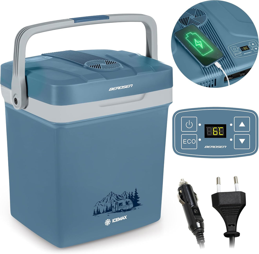 Berdsen Kühlbox Thermobox Auto Camping 12V/230V Mit Heizfunktion USB 41 x 30 x 48,5 cm 29 L 26 L bla