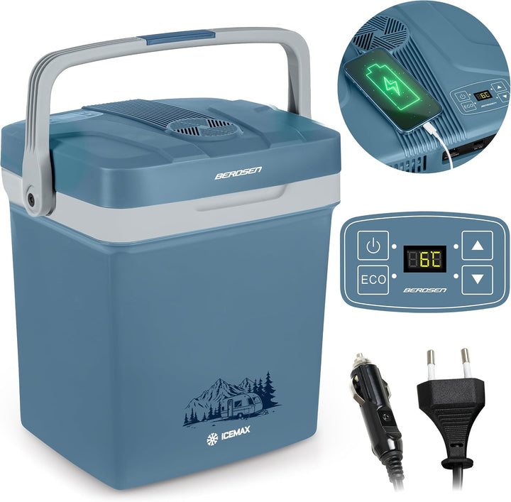 Berdsen Kühlbox Thermobox Auto Camping 12V/230V Mit Heizfunktion USB 41 x 30 x 48,5 cm 29 L 26 L bla