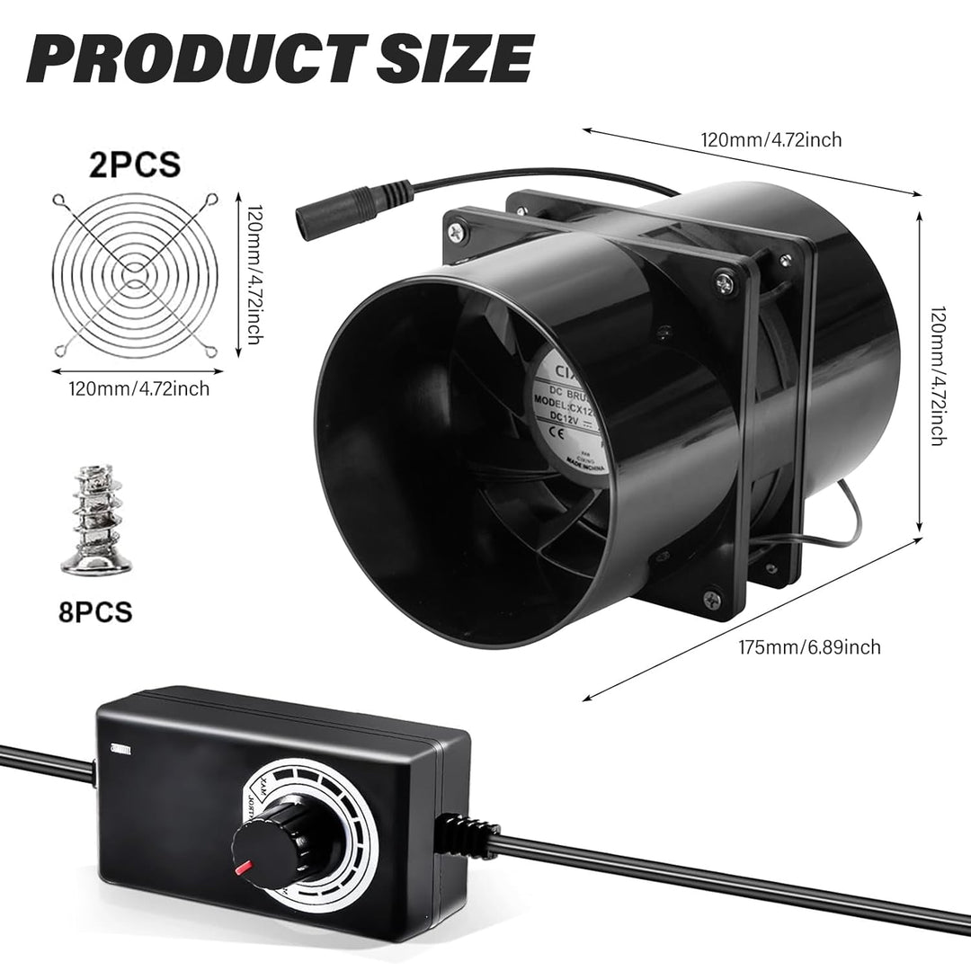 GOMETY Rohrventilator 100mm Lüfter DC12V, Axiallüfter Abluftventilator 100mm mit Geschwindigkeitsreg