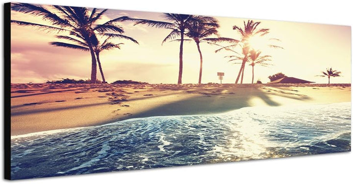 Panoramabild auf Leinwand und Keilrahmen 150x50cm Meer Strand Palmen Sonnenuntergang