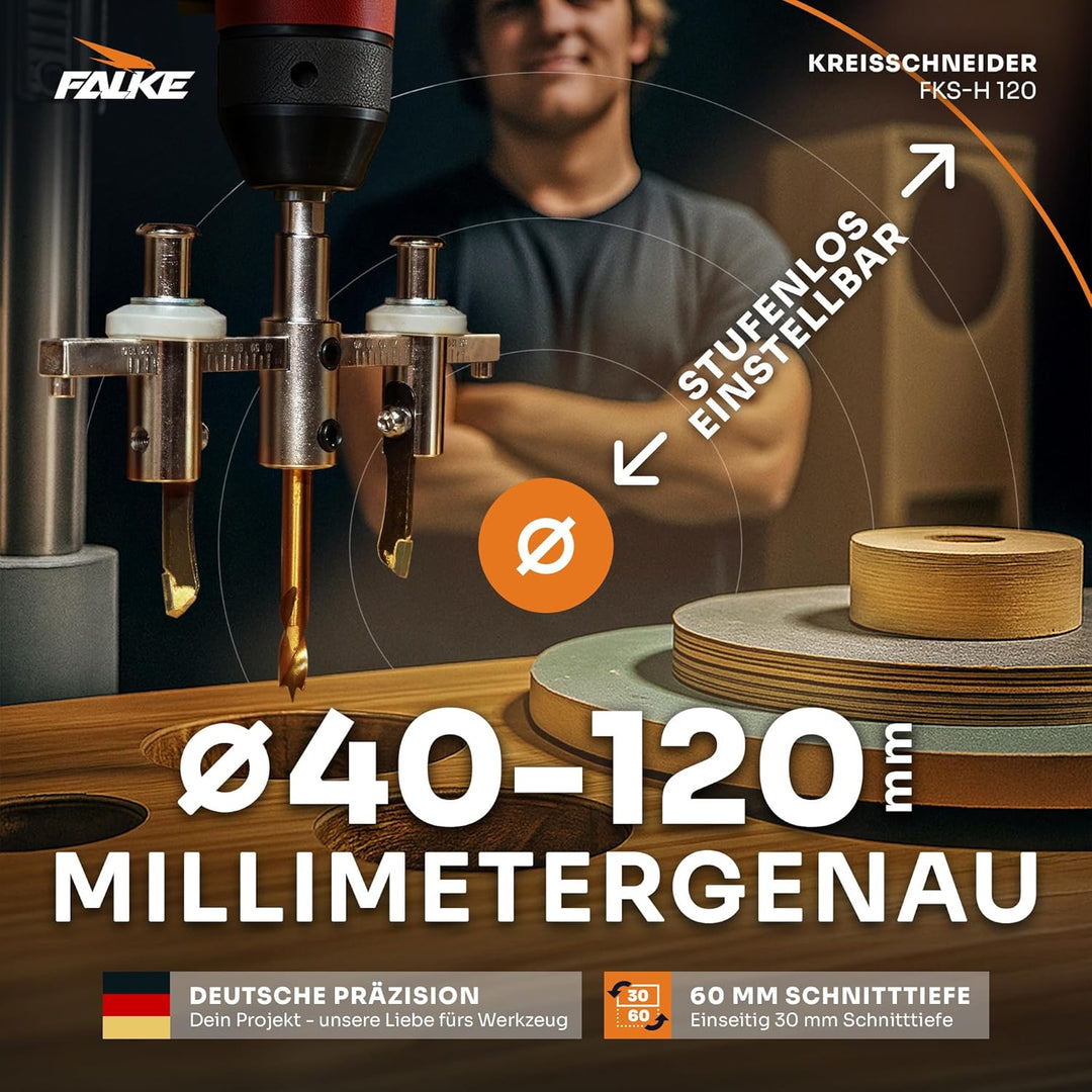 Falke Kreisschneider FKS-H 120 - Universal für Holz, Kunststoff, Gipskarton | Durchmesser stufenlos