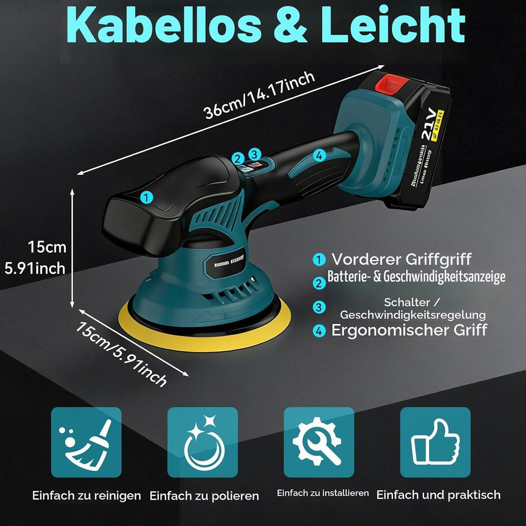 Yofuly Akku Autopoliermaschine 6 Zoll, 8 Stufen Orbital Polierer Set mit 2x 2000mAh Akkus, Exzenter
