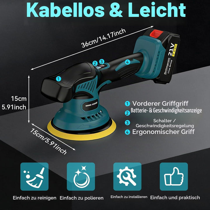 Yofuly Akku Autopoliermaschine 6 Zoll, 8 Stufen Orbital Polierer Set mit 2x 2000mAh Akkus, Exzenter