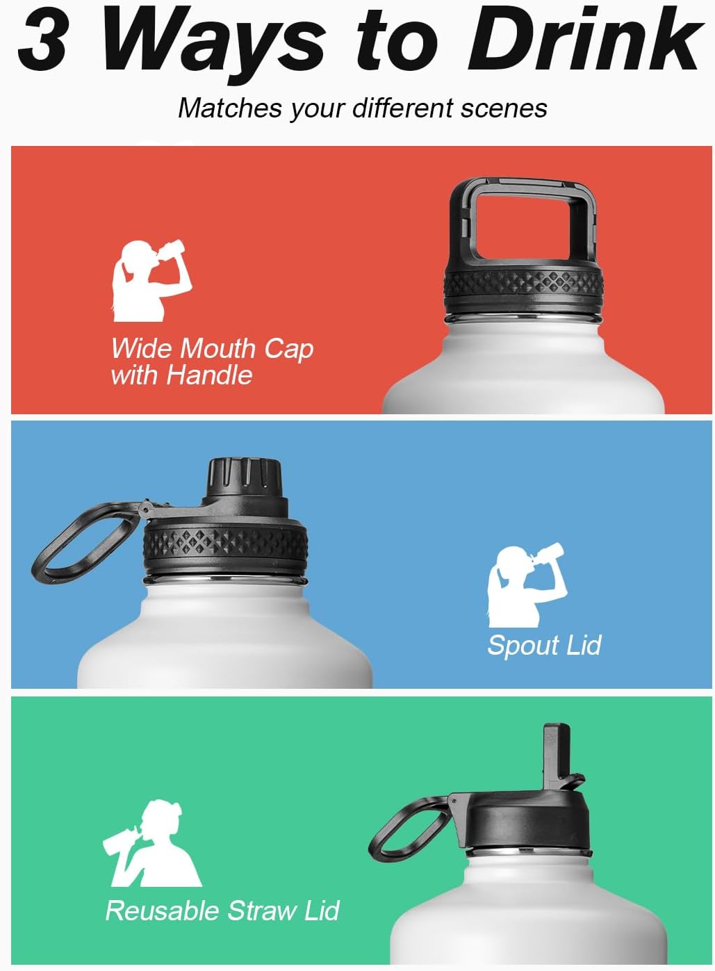 Coolflask Isolierte Wasserflasche mit Strohhalm und 3 Deckeln, 1,8 l Wasserkrug, grosser Metall-Edel