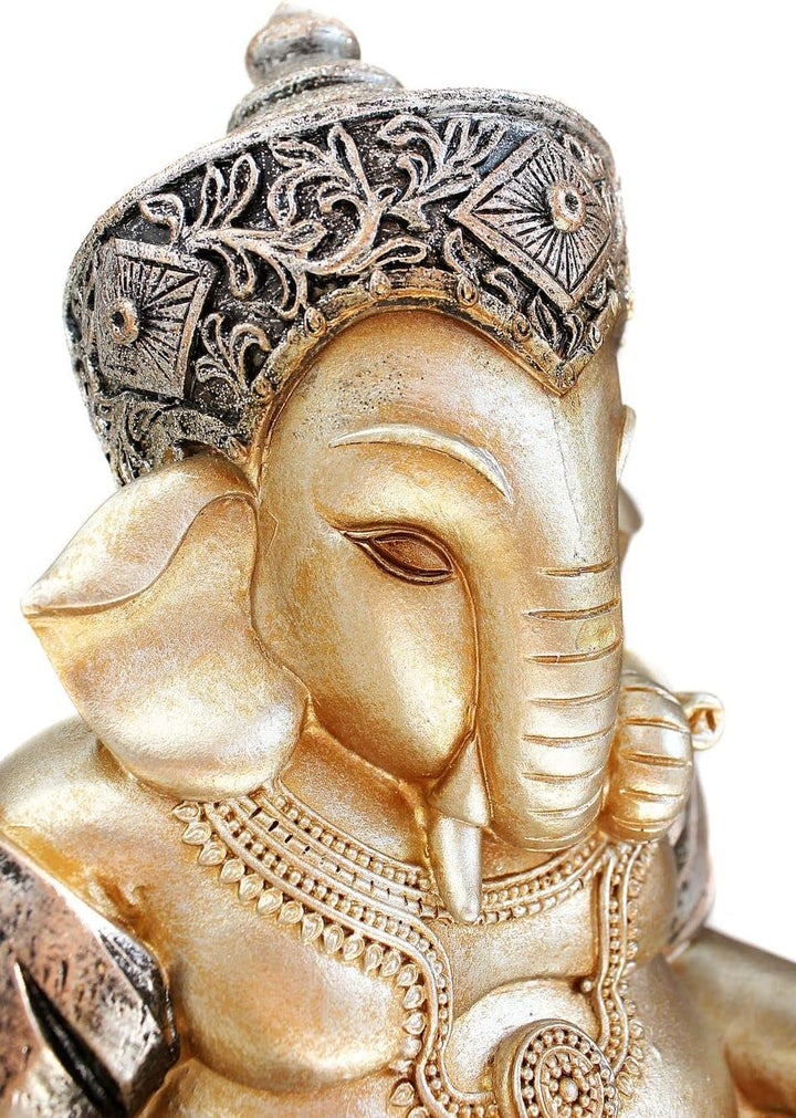 TEMPELWELT Deko Figur Ganesha Figur sitzend 21 cm, Polystein Champagner Silber Hindu Gott Buddha Ind