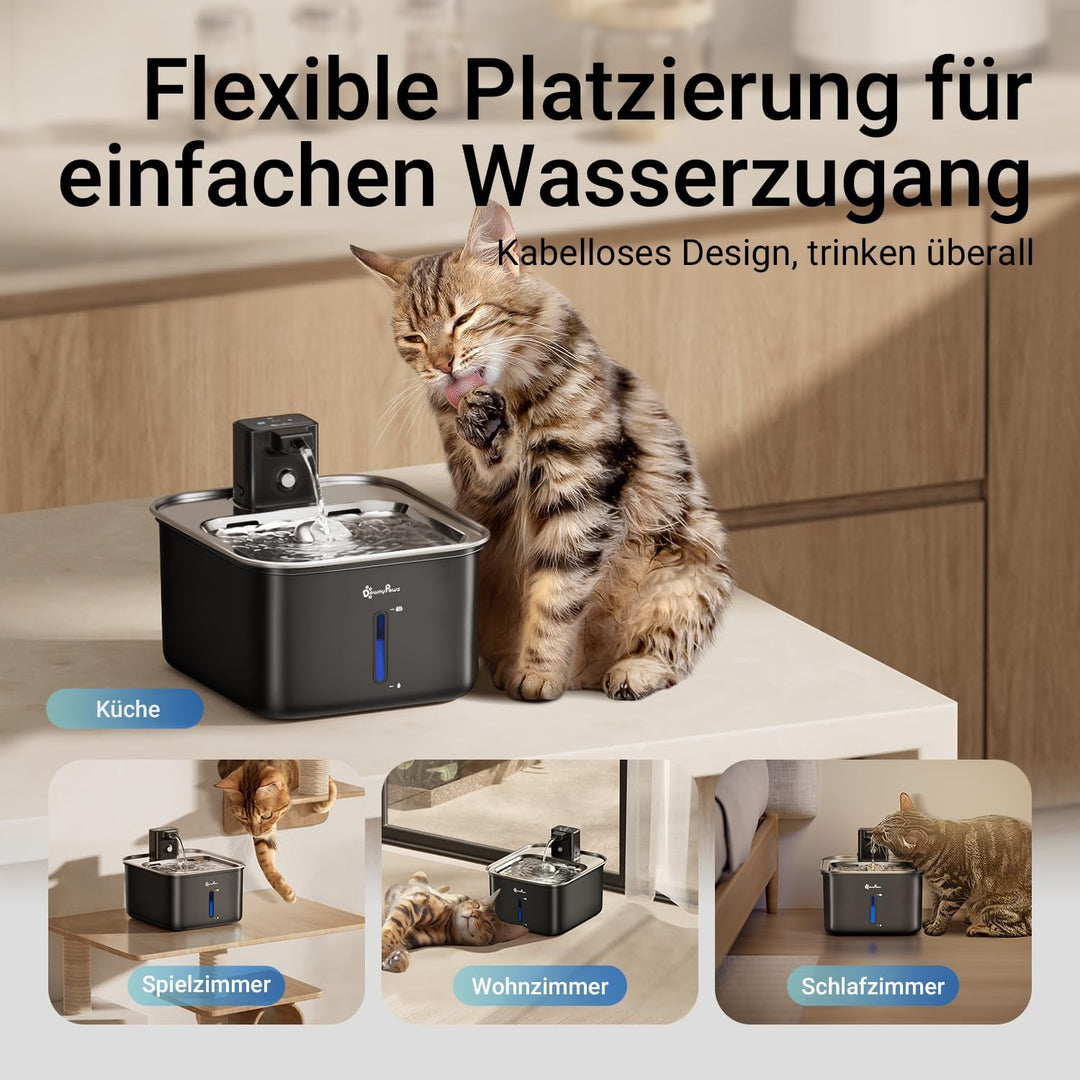 DownyPaws Katzenbrunnen Edelstahl Kabellos, Trinkbrunnen für Katze Edelstahl mit Bewegungsmelder und