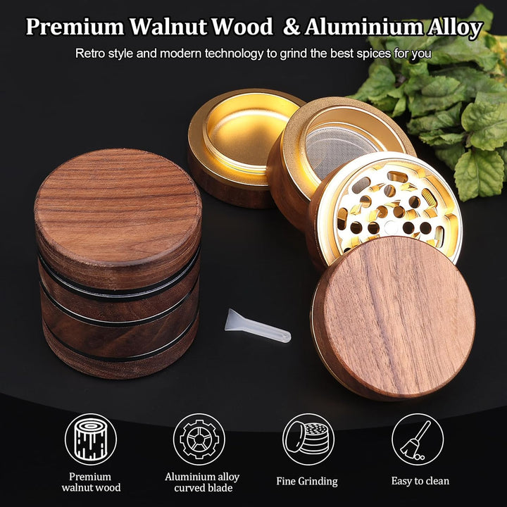Holz Gewürzmühle mit Magnetdeckel, Feinsieb &amp; Aluminiumkern, Ø 63 mm, Gold | Walnussholz-Gewürzmühle