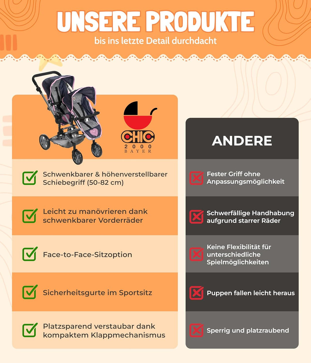 Bayer Chic 2000 - Puppenwagen Linus Duo, Zwillingspuppenwagen für Kinder von 4 bis 8 Jahren, Jeans p