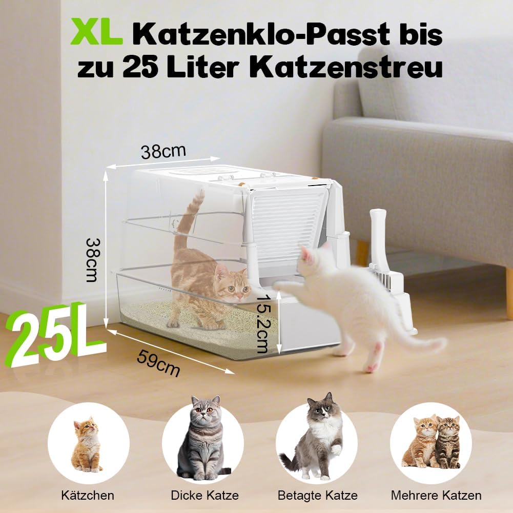 SZEE XL Edelsthal Katzenklo mit 180° Klappdeckel, Grosse Geschlossene Katzentoilette Edelstahl mit D