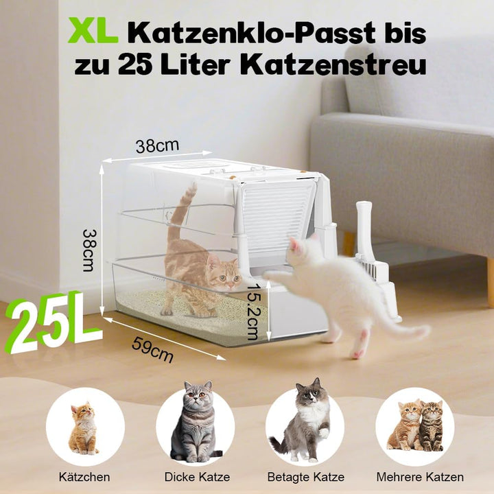 SZEE XL Edelsthal Katzenklo mit 180° Klappdeckel, Grosse Geschlossene Katzentoilette Edelstahl mit D