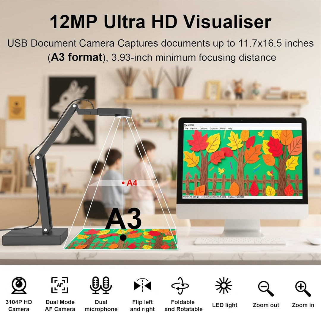 12MP Dokumentenkamera Schule, 4K Visualizer für Klassenzimmer - A3-Format, LED Licht, MIC, Drehen, S