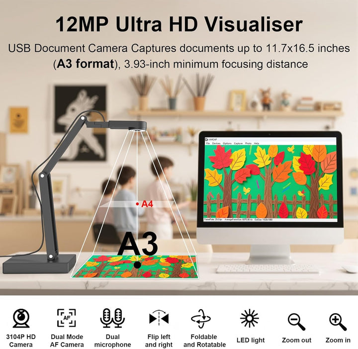 12MP Dokumentenkamera Schule, 4K Visualizer für Klassenzimmer - A3-Format, LED Licht, MIC, Drehen, S
