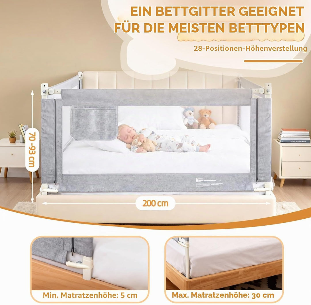 Huracan Bettgitter Baby 200cm, Höhenverstellbarer Rausfallschutz Bett für Boxspringbett, Elternbett,