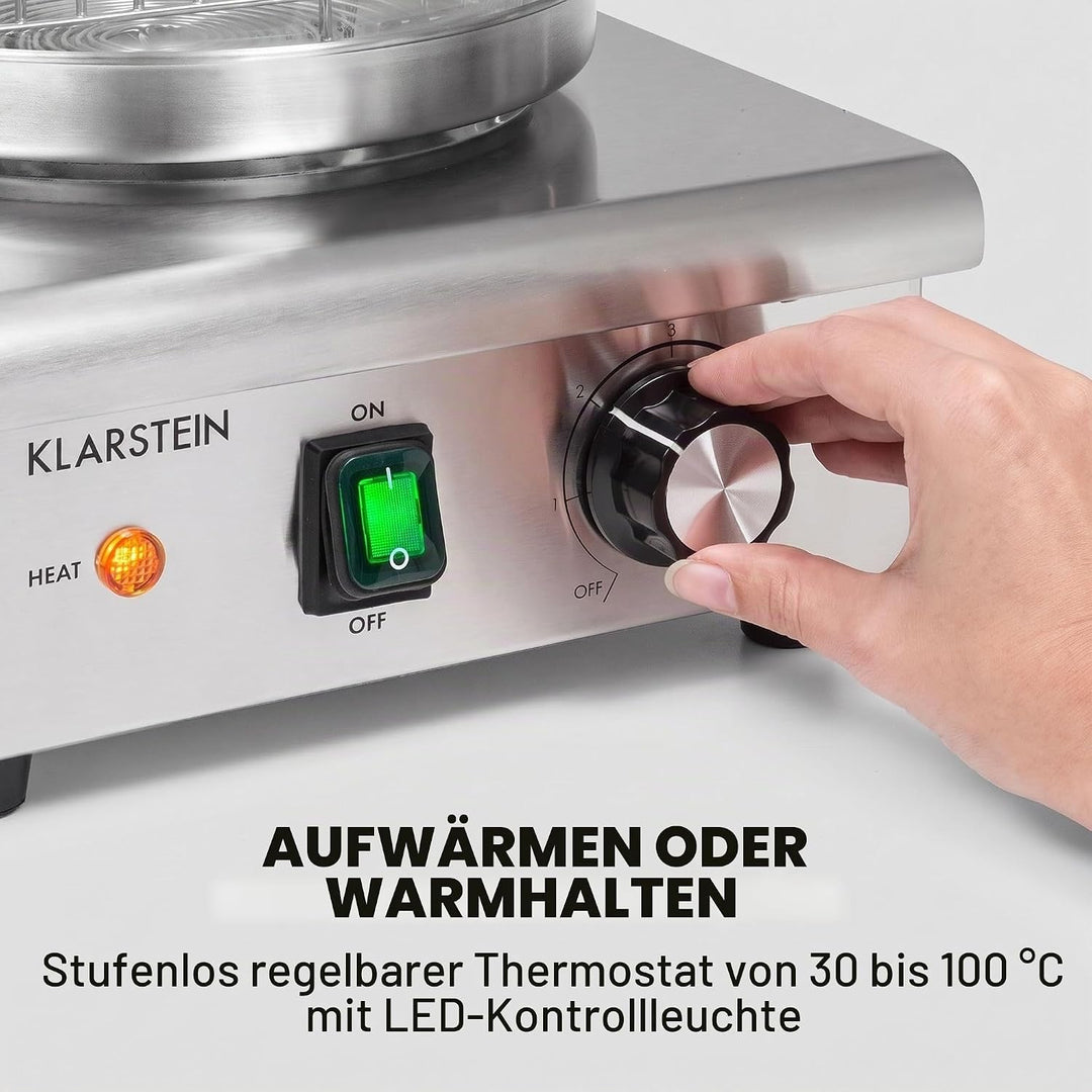 Klarstein Pro Wurstfabrik 450 Profi Hot Dog Maker, 450 Watt, 30-100 °C, Glaszylinder: Ø 20 cm, unter