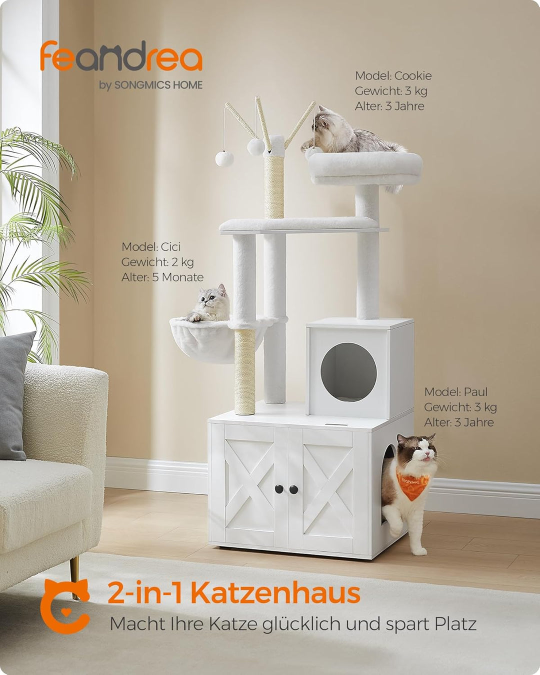 Feandrea Kratzbaum mit Katzenklo-Schrank, 150 cm hoch, 2-in-1 Katzenbaum, Schrank für Katzentoilette