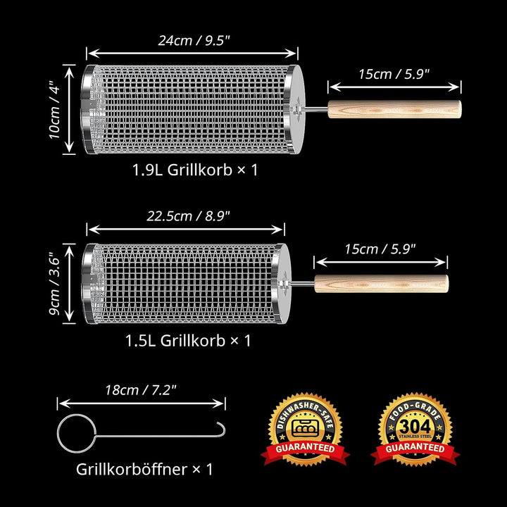 Ivtivfu Nestendes Rollendes Grillkorb Set mit Holzgriff (2 Stück, 24cm × 10cm), Rolling Grilling Bas