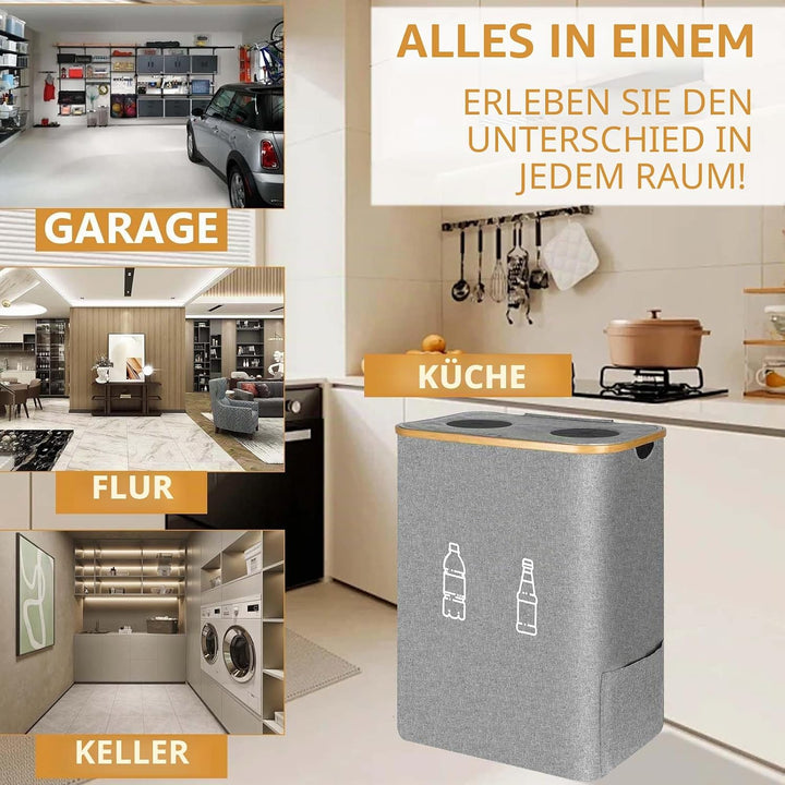 Pfandflaschen Sammelbehälter 2 Fächer, 160L Pfandflaschen Behälter mit 4 Tragetaschen, Grosse Aufbew