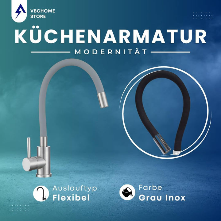 VBChome Küchenarmatur mit flexibler Grau Silikonbrause – Flexibler Wasserhahn mit Einhebelmischer fü