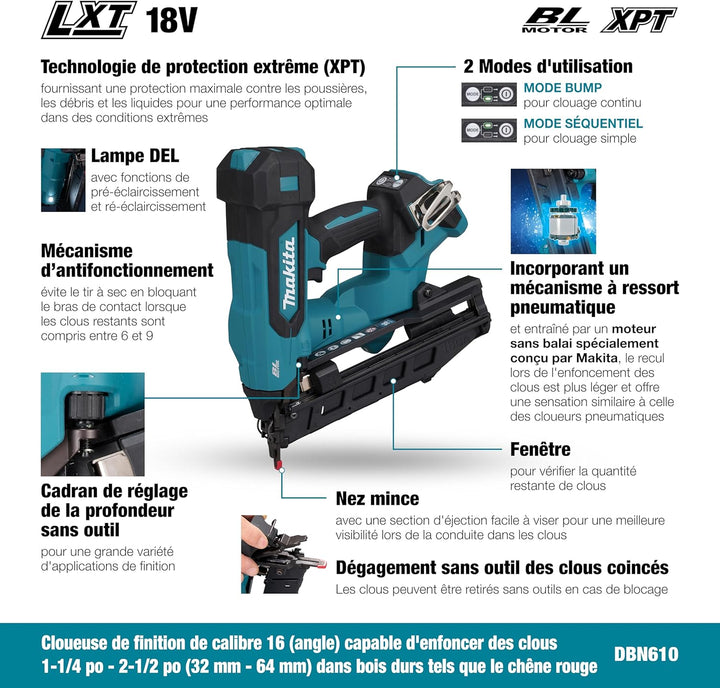 Makita DBN610Z 18 V LXT schnurloser 6,4 cm Finish-Nagler, 16-Gauge, 2 Brennmodi, abgewinkelte Nägel,
