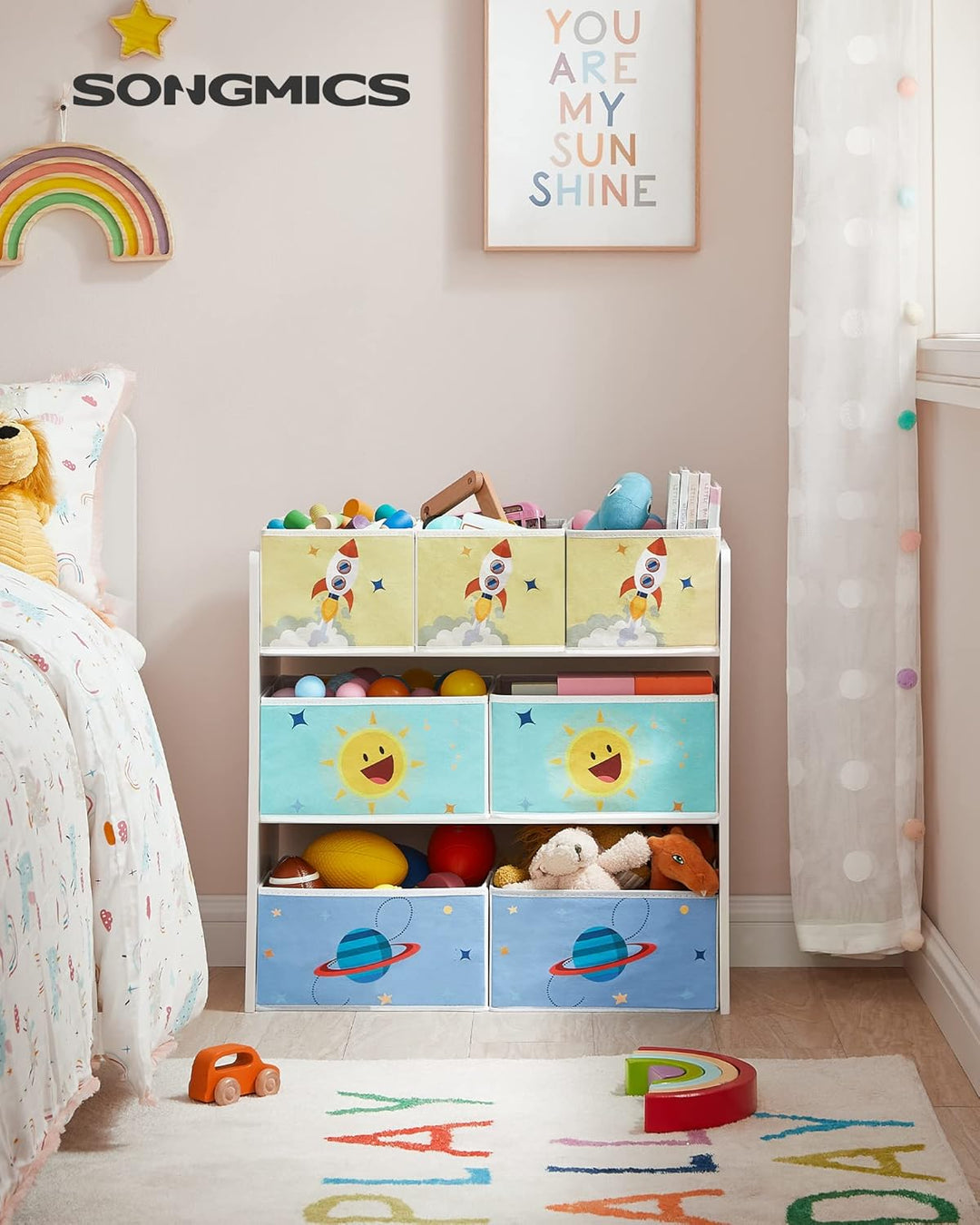 SONGMICS Kinderzimmerregal, Spielzeugregal mit 7 Aufbewahrungsboxen aus Vliesstoff, Kinder-Bücherreg