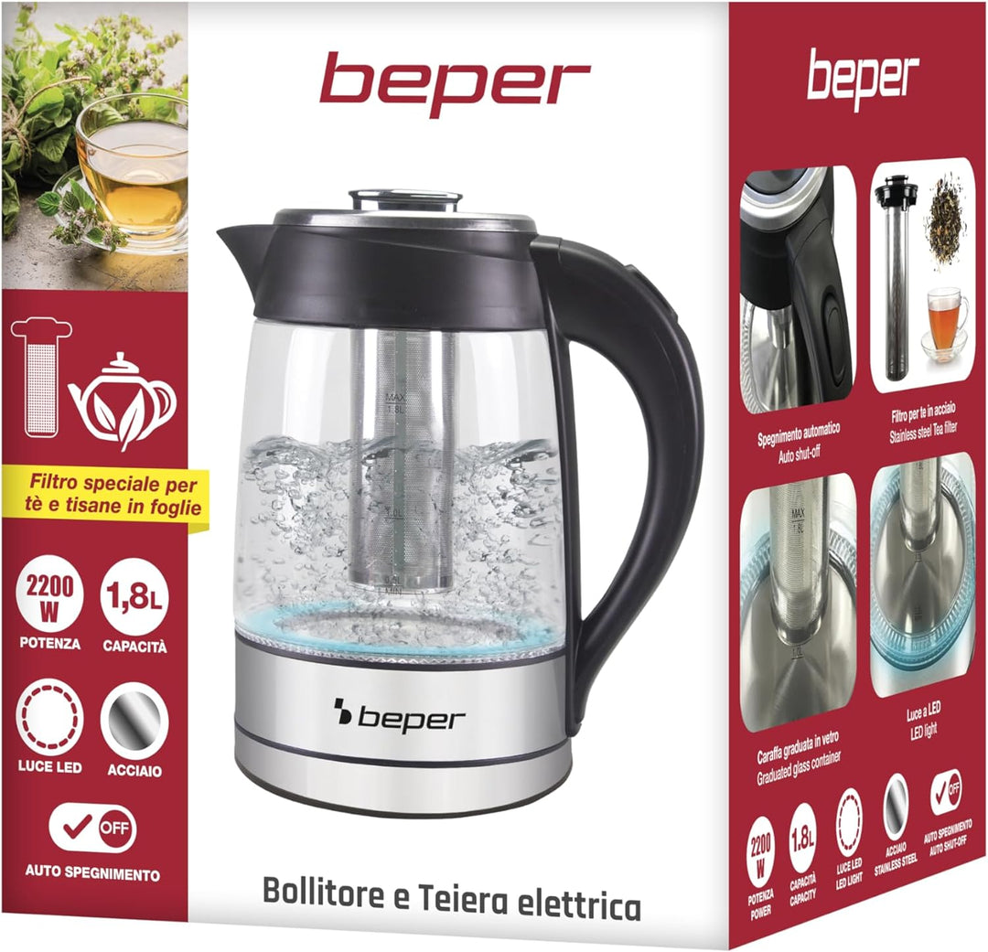 Beper BB.103 Elektrischer Wasserkocher, Schwarz/Glas 1,8L, 1,8L