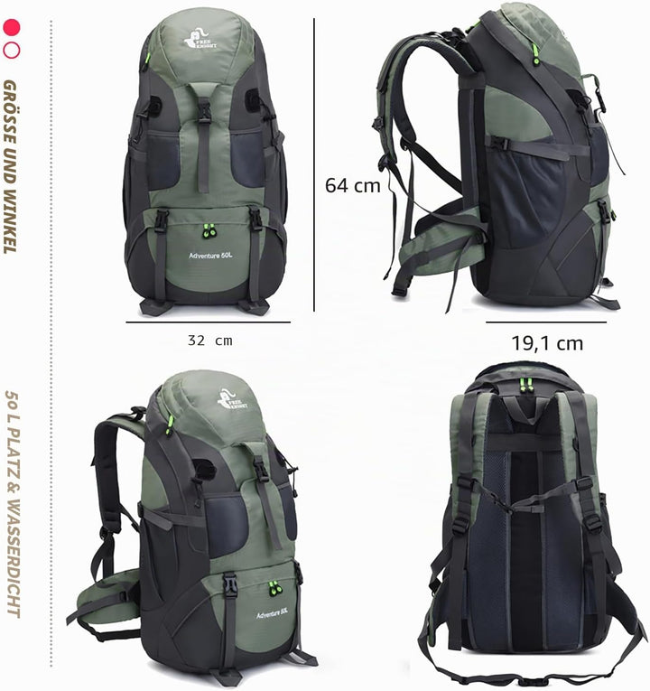 Bseash 50L Leichter wasserfester Wanderrucksack, Outdoor Sport Tagesrucksack Multifunktions Reisetas