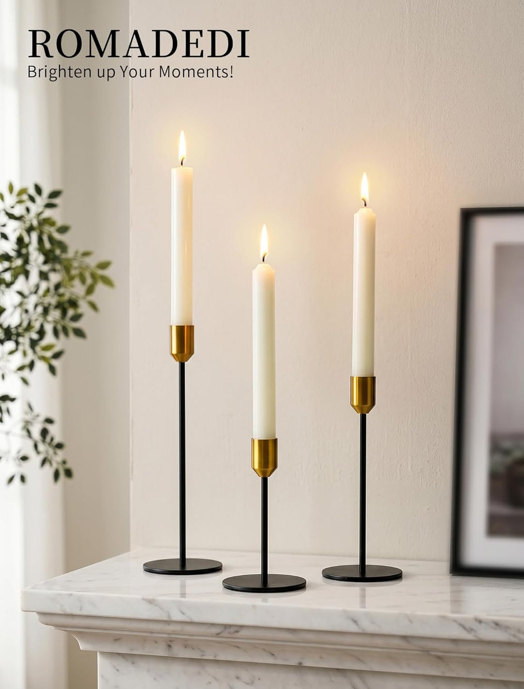 Romadedi Kerzenständer Gold & Schwarz - 3er-Set Hoch Kerzenhalter Unterschiedlicher Grösse für Stabk