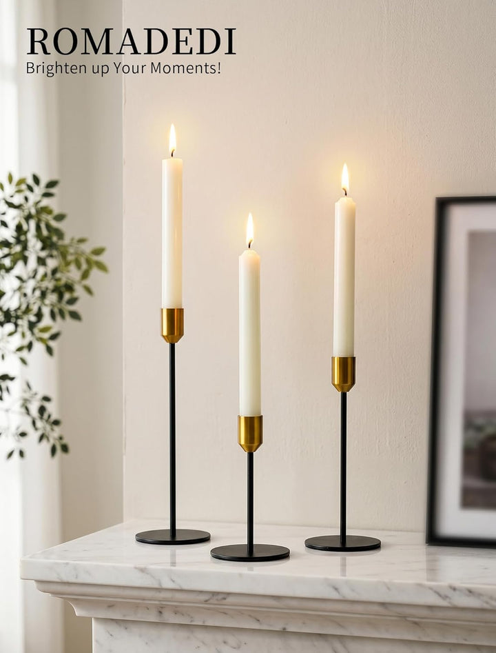 Romadedi Kerzenständer Gold & Schwarz - 3er-Set Hoch Kerzenhalter Unterschiedlicher Grösse für Stabk