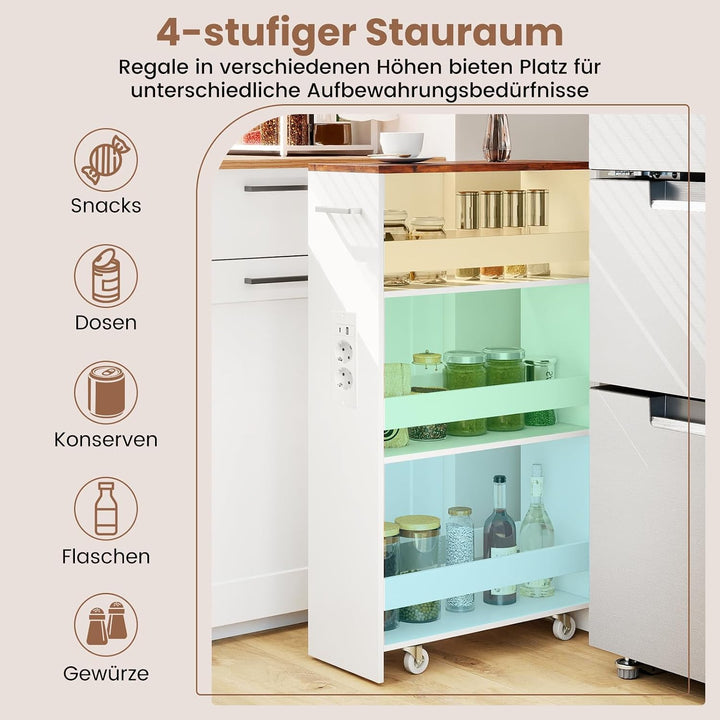 COSTWAY Nischenwagen 20cm breit, 4 Etagen Küchenwagen schmal mit Ladestation, Nischenregal auf Rolle