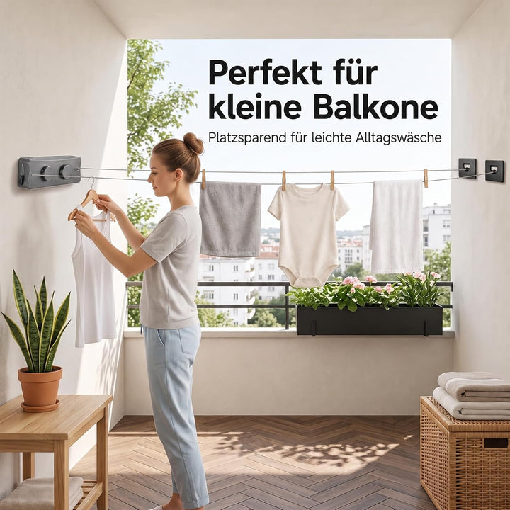 QHENS Wäscheleine Balkon Ausziehbar Wandmontage, 2 x 5m Einziehbare Wand Wäscheleine, Unsichtbare Wä