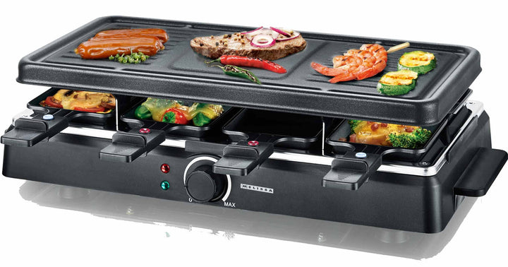 MELISSA Raclette 16300026 Raclette mit Grillplatte für 8 Personen 1200 Watt Power mit Grillplatte un