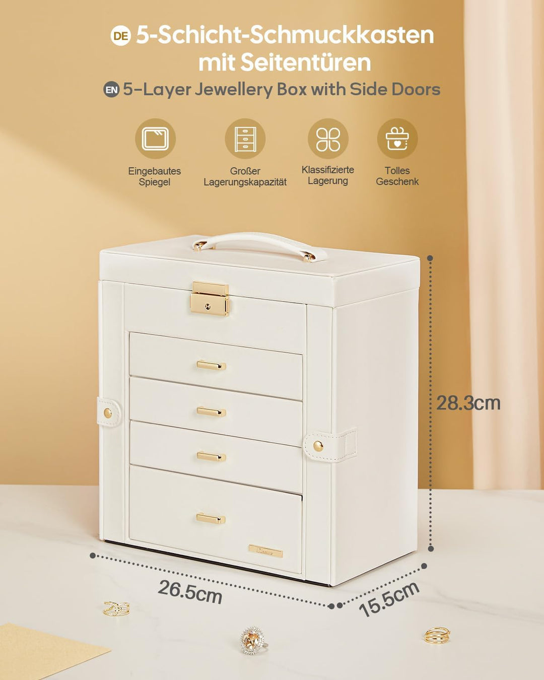 Seelux Schmuckkoffer Schmuckkasten mit fünf Fächern und Seitenklappen Weiss + Gold, Weiss + Gold